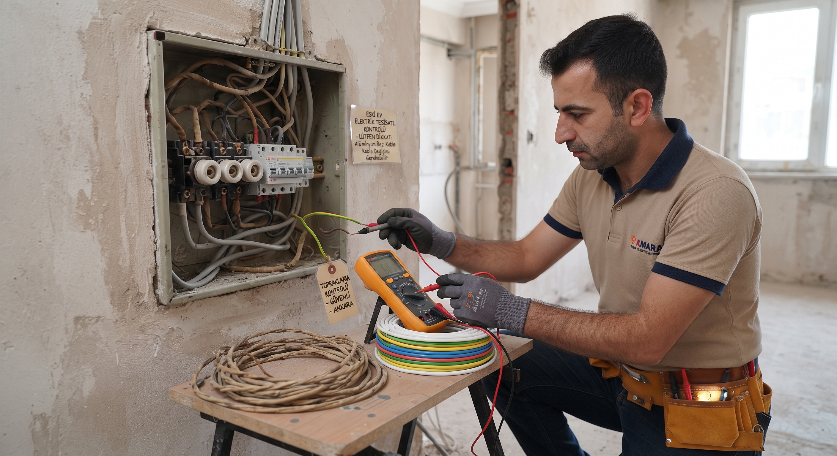 Ankara'da 20 yılı aşkın eski evlerde elektrik tesisatı yenileme öncesi alüminyum kabloların ve topraklama hattının multimetre ile kontrol edilmesi.