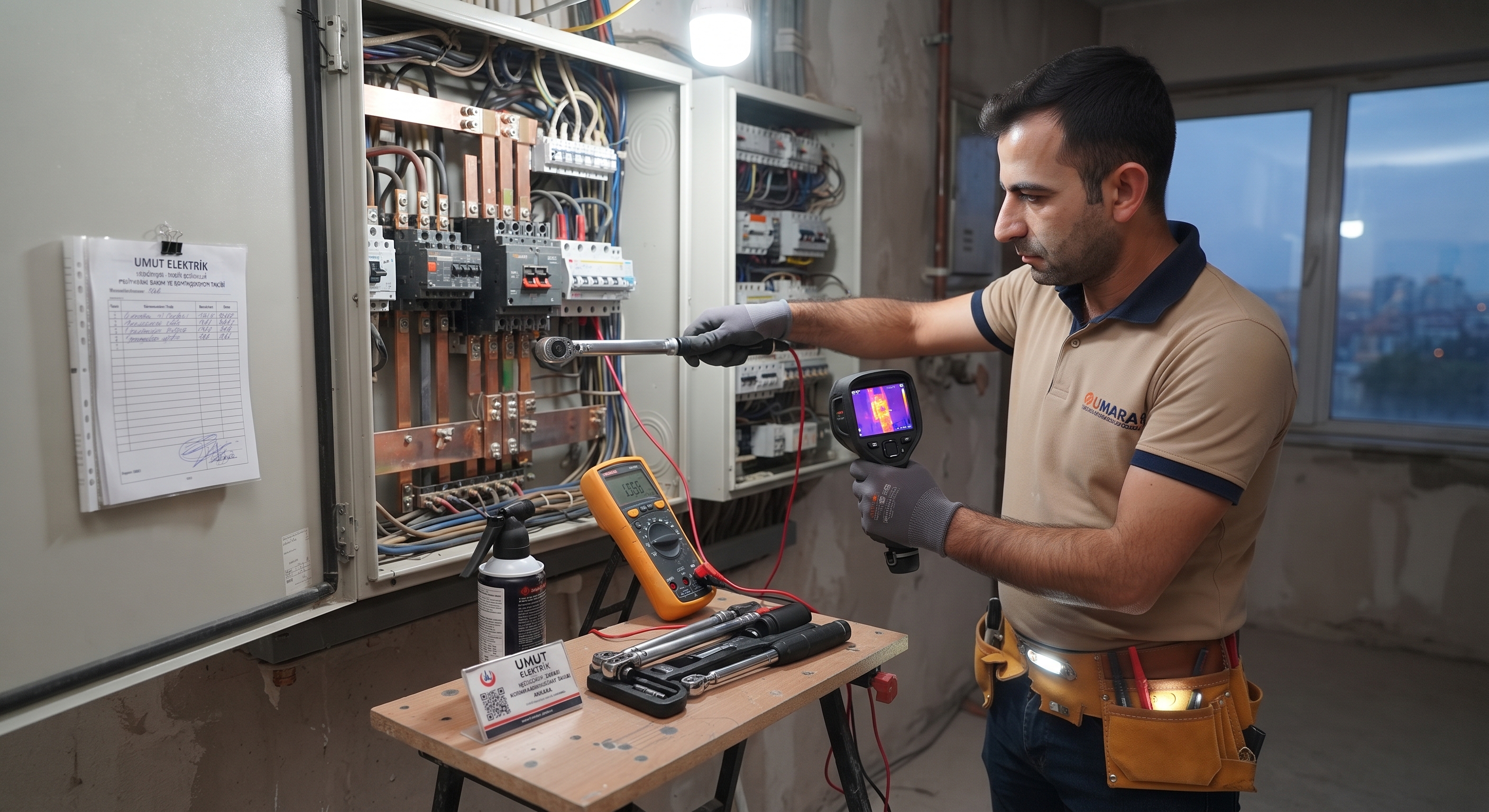 Ankara'da profesyonel elektrikçi tarafından iş yeri ana panosu ve kompanzasyon sisteminin termal kamera ve dijital multimetre ile periyodik bakımının yapılması.