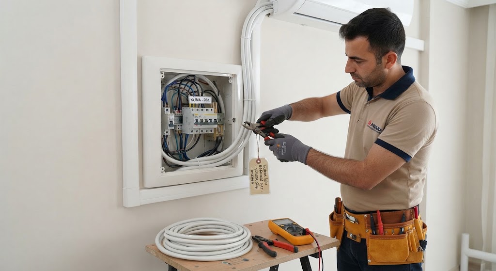 Ankara'da yüksek amper çeken inverter klima için ana panodan çekilen özel sigortalı ve topraklı bağımsız besleme hattı kurulumu.