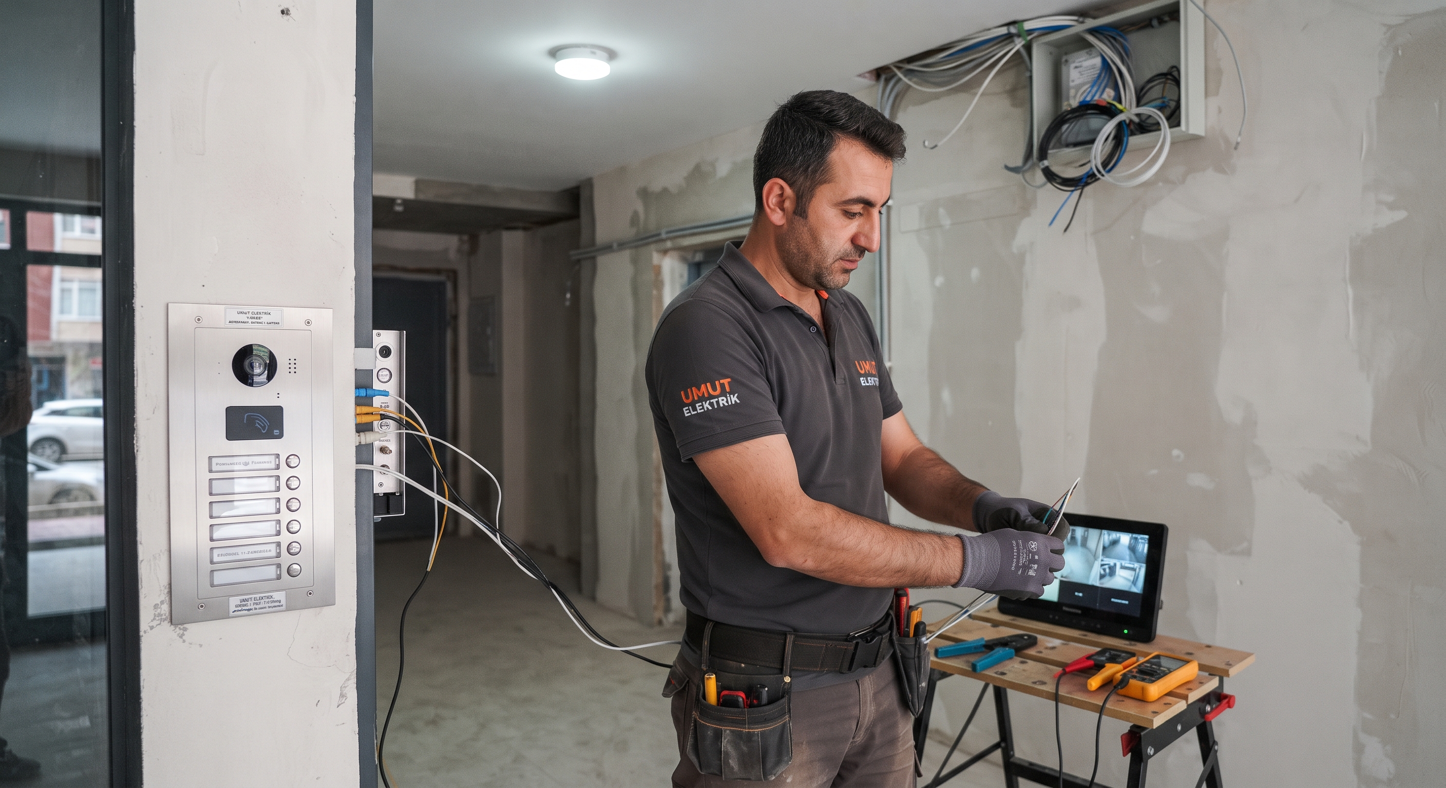 Mamak bölgesinde çok daireli apartman için kurulan profesyonel zil ve kamera güvenlik alt yapısı ve diafon paneli montajı.